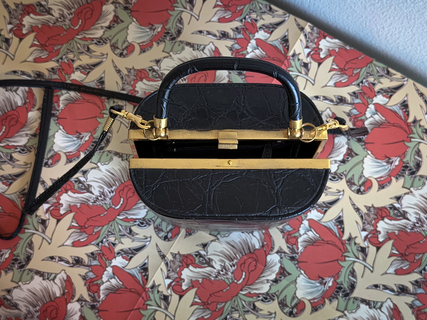 Black Croc-Embossed Minaudière Top Handle Bag with Gold Frame