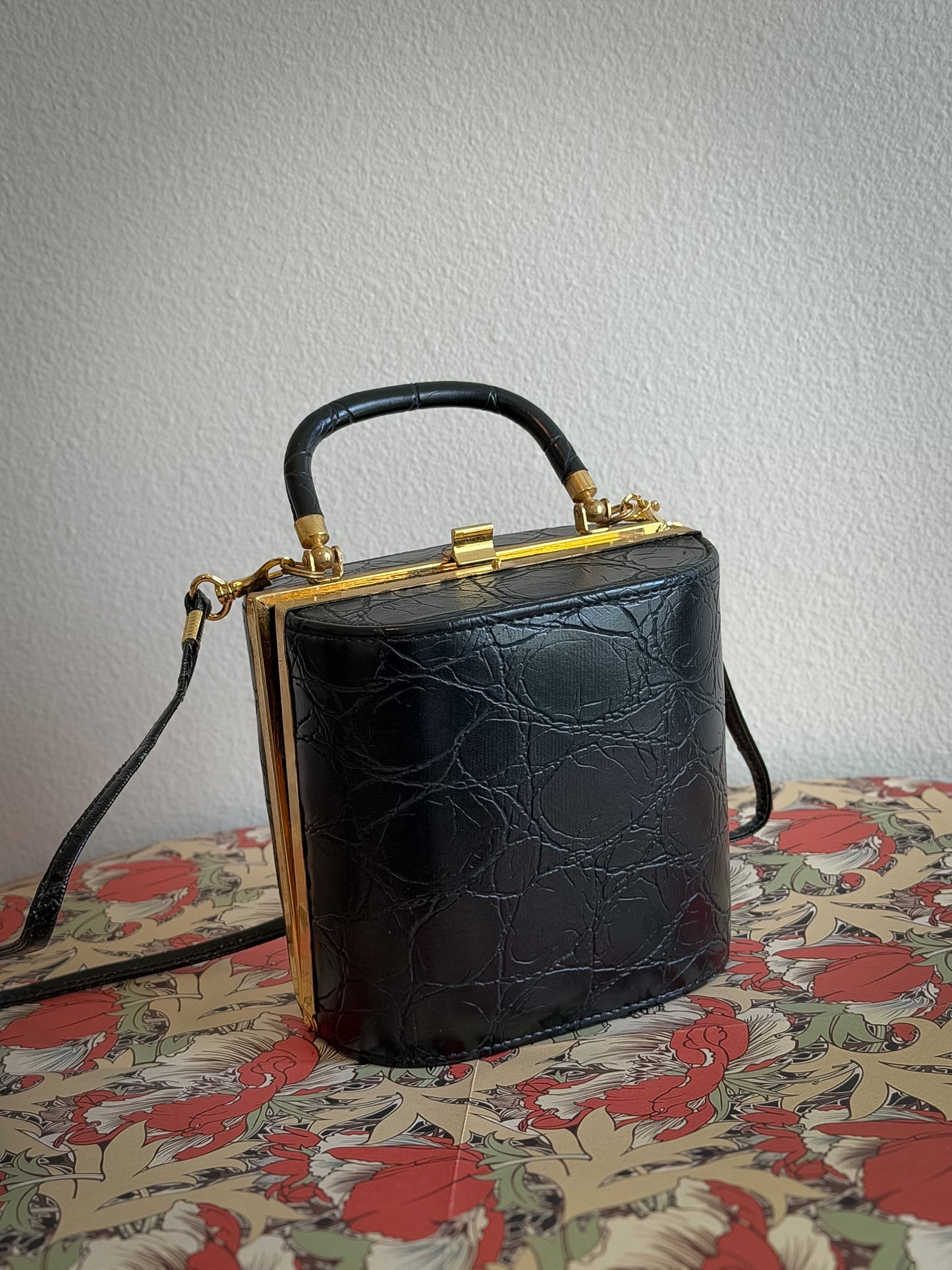 Black Croc-Embossed Minaudière Top Handle Bag with Gold Frame