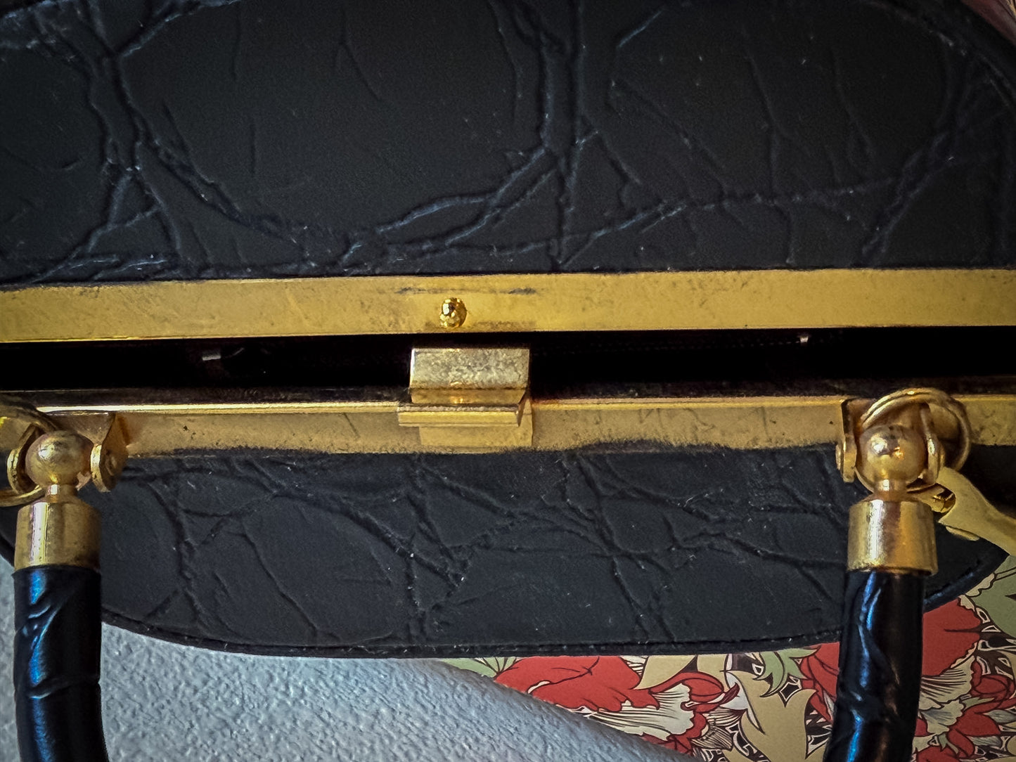 Black Croc-Embossed Minaudière Top Handle Bag with Gold Frame