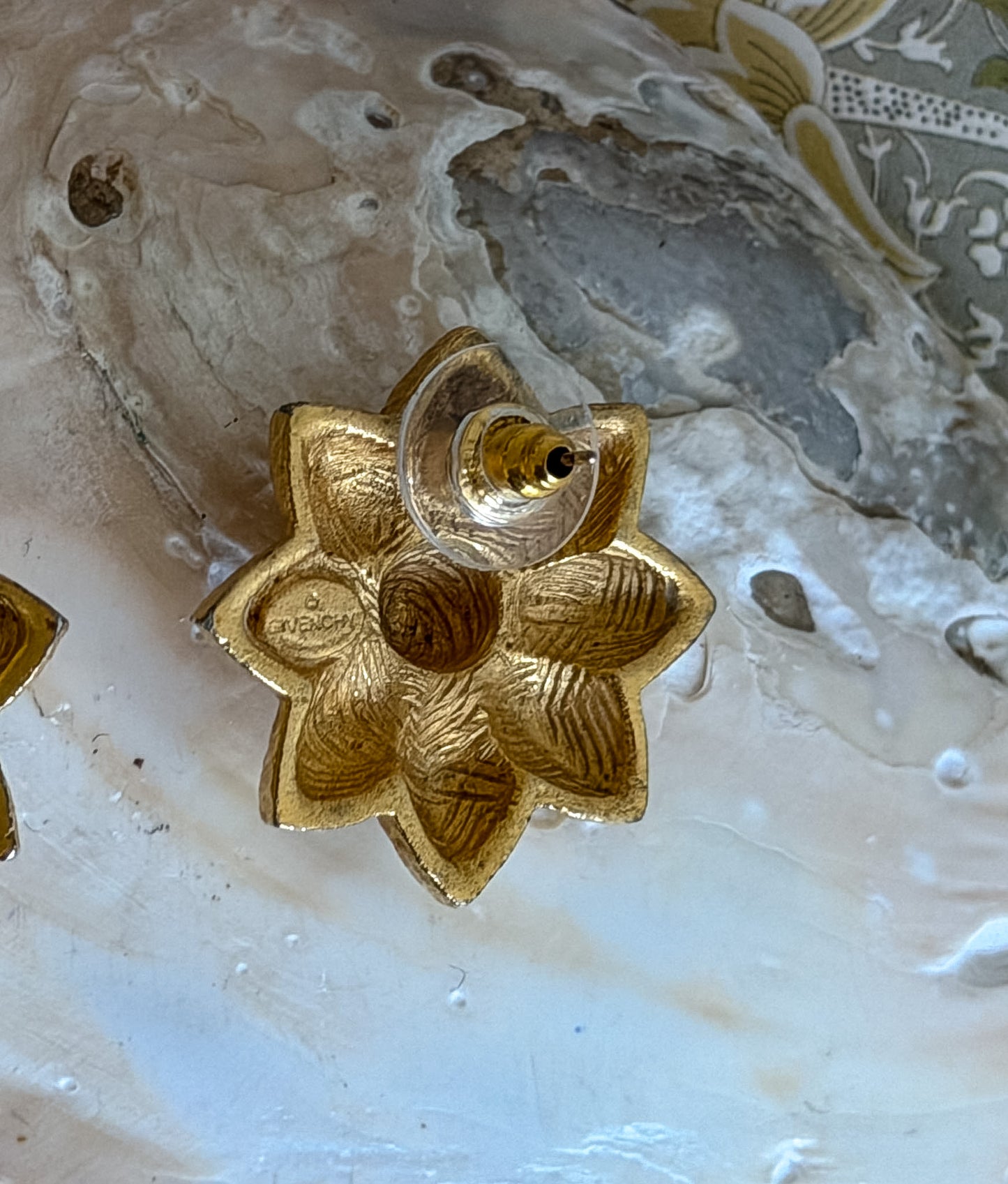 Givenchy Gold Floral Stud Earrings | Textured Petal Designer Pierced Earrings