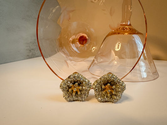 Flower Earrings with Gold Pistil Center and Clear Crystals