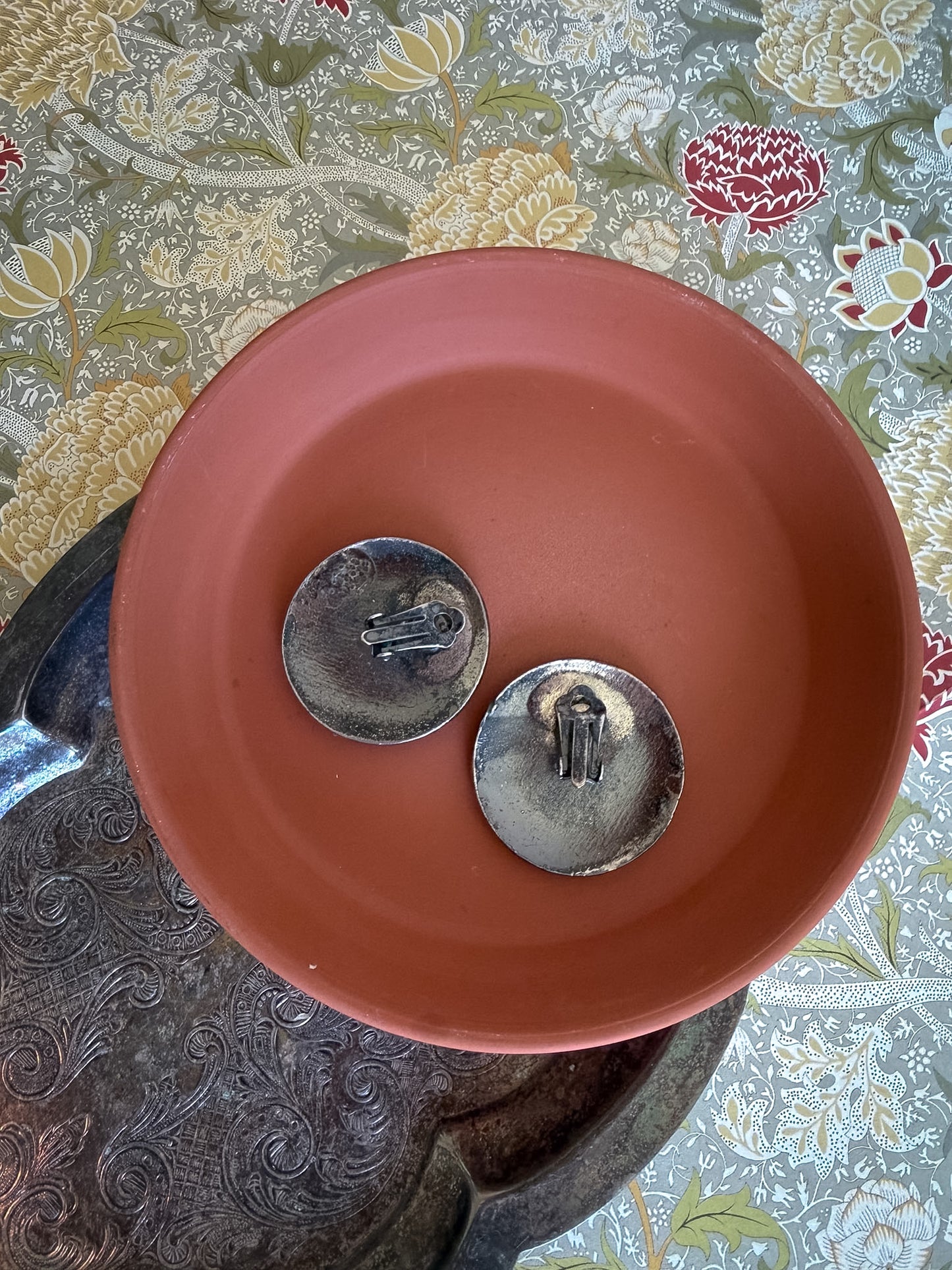 Two-Tone Medallion Clip-On Earrings | Silver Tone & Cream Enamel Disc Statement