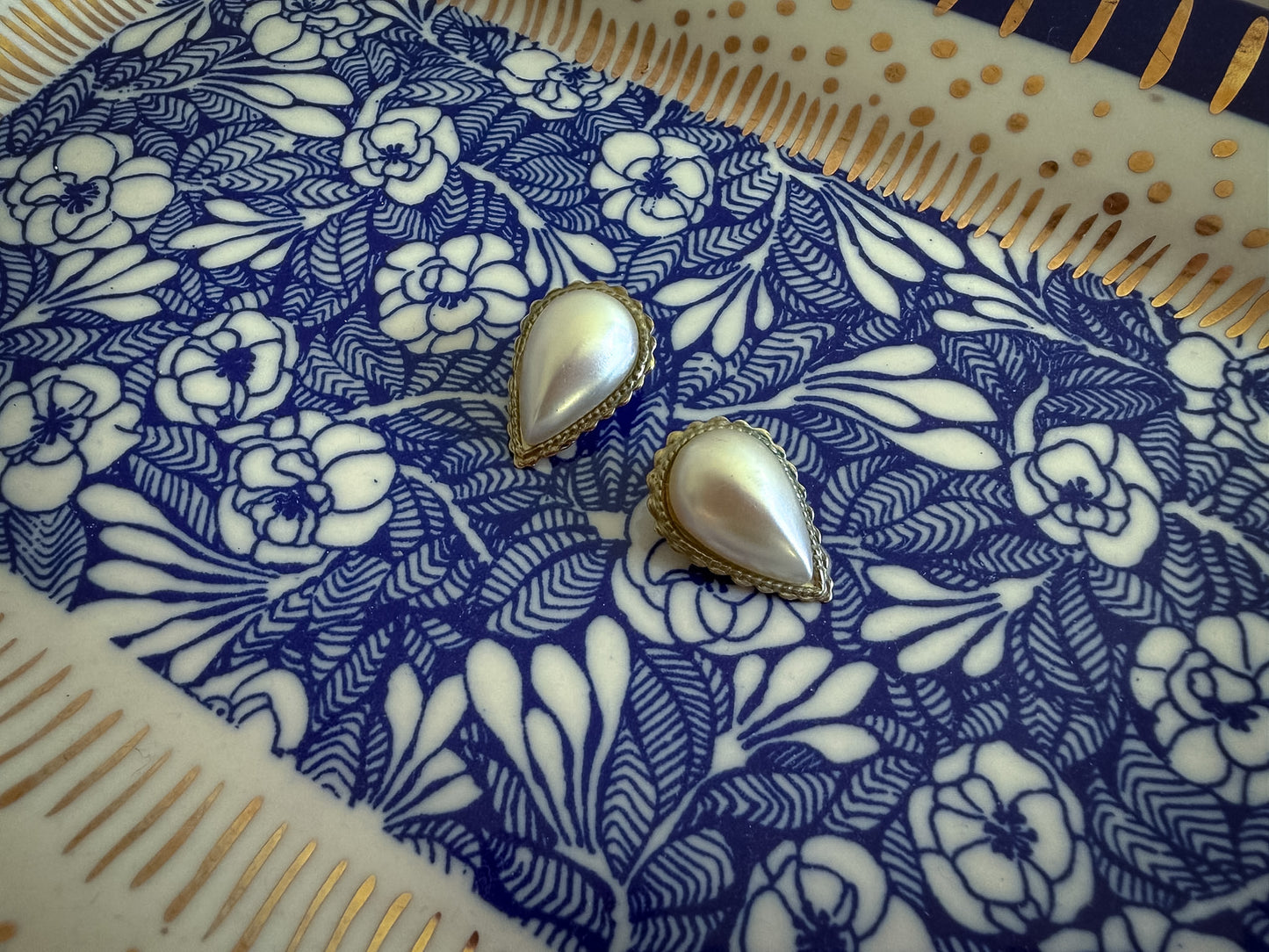 Faux Pearl Teardrop Clip-On Earrings | Gold Tone Classic Elegant Studs