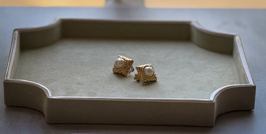 Gold-Tone Textured Square Faux Pearl Clip-On Earrings | Classic 1980s Statement