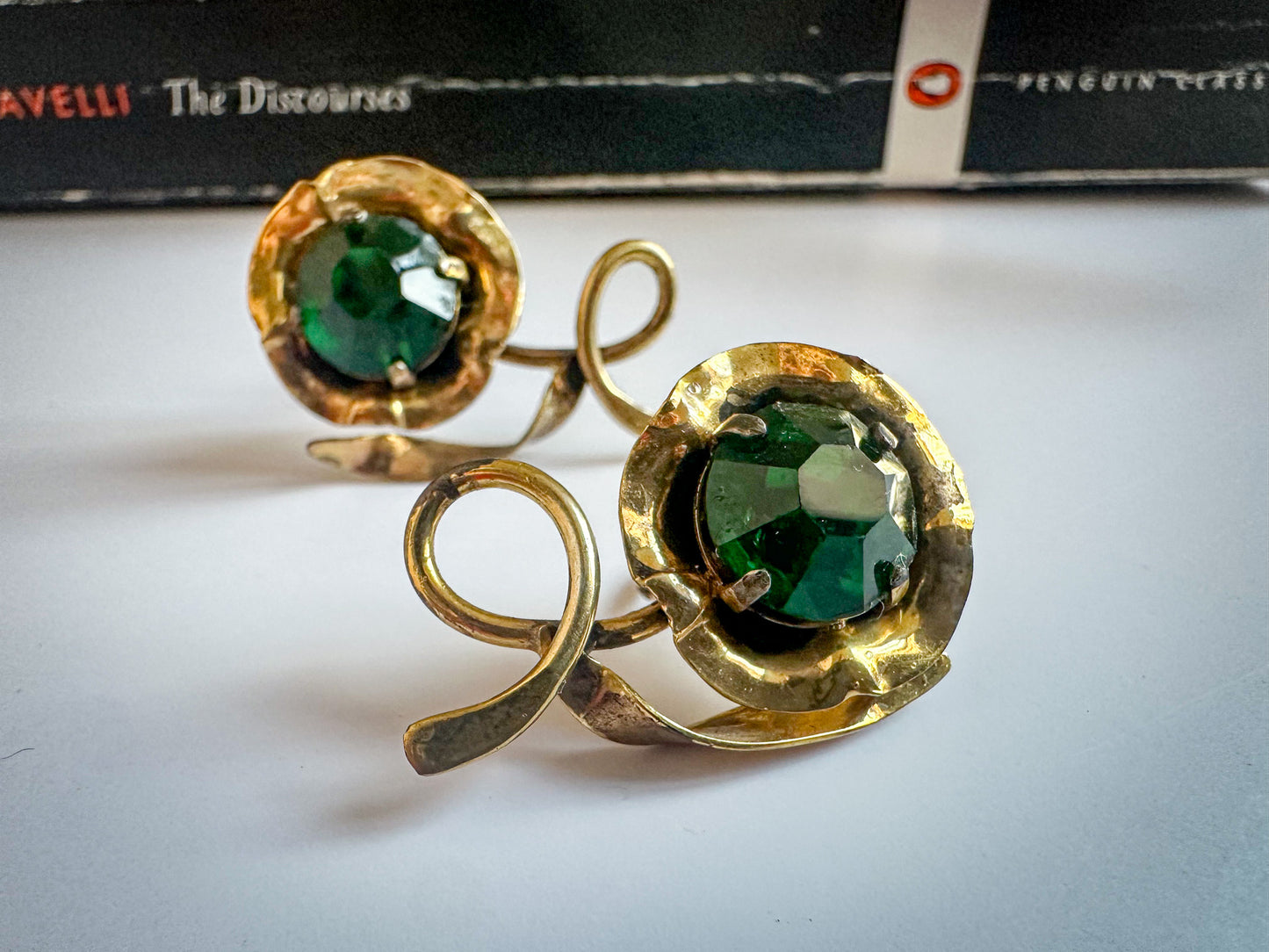 1960s Gold Hanging Flower (Screw-back) Earrings with Green Stone