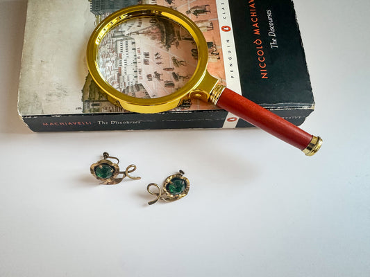 1960s Gold Hanging Flower (Screw-back) Earrings with Green Stone