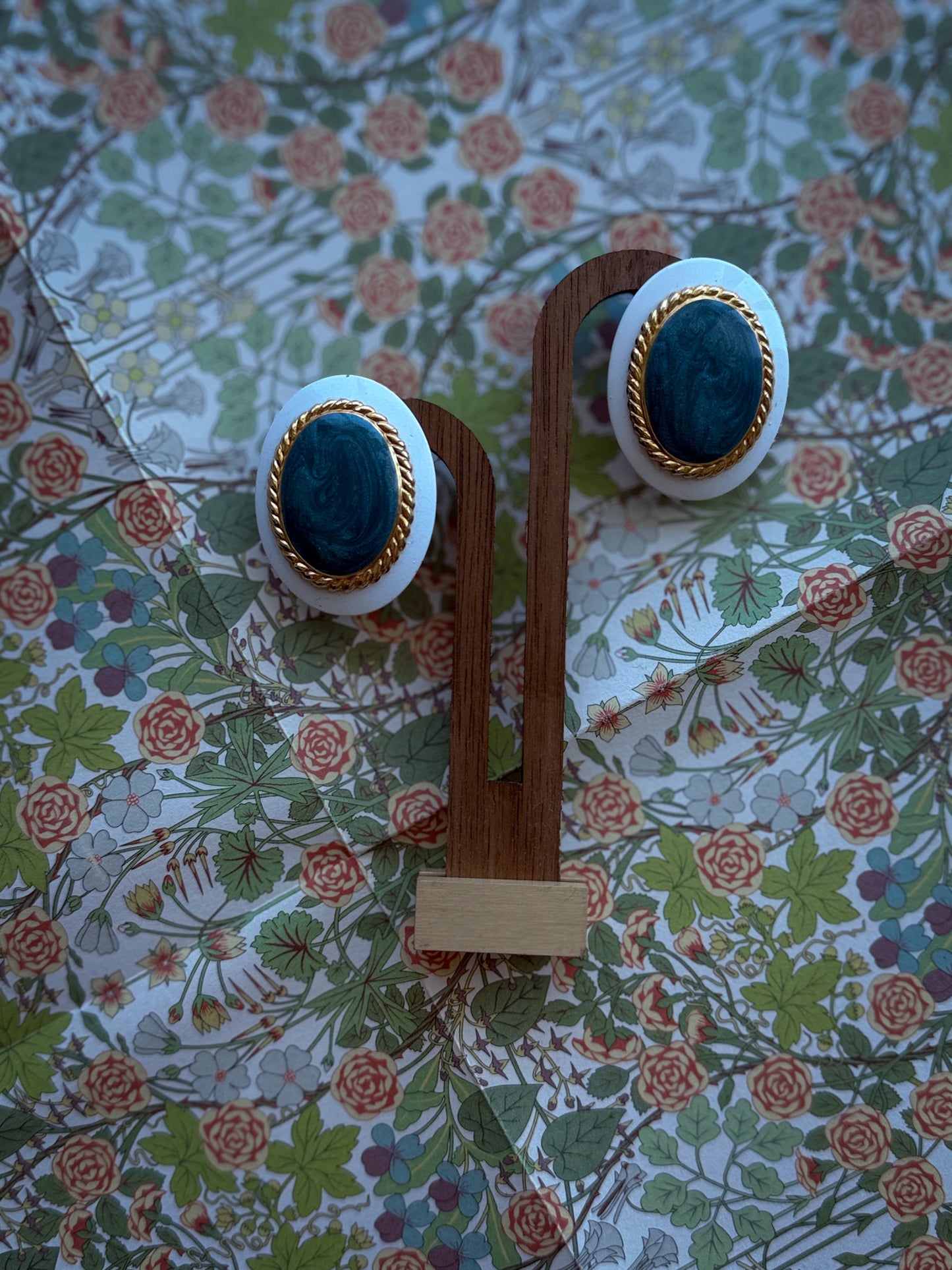 White & Teal Cabochon Clip-On Earrings