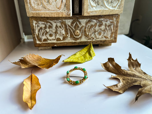 Round Gold Brooch with Green Stone and Seed Pearls