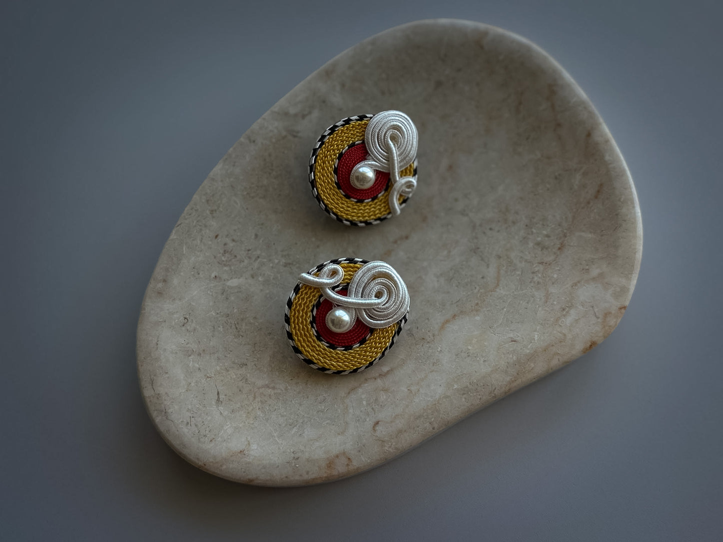 Soutache & Faux Pearl Clip-On Earrings by SEPT (Signed)