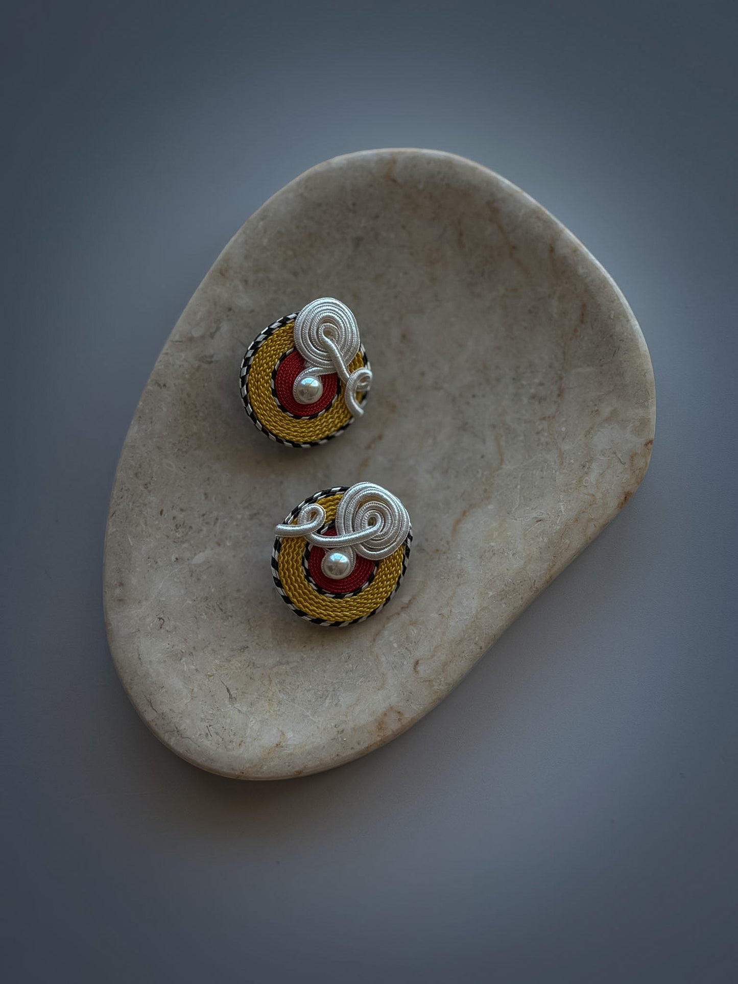 Soutache & Faux Pearl Clip-On Earrings by SEPT (Signed)