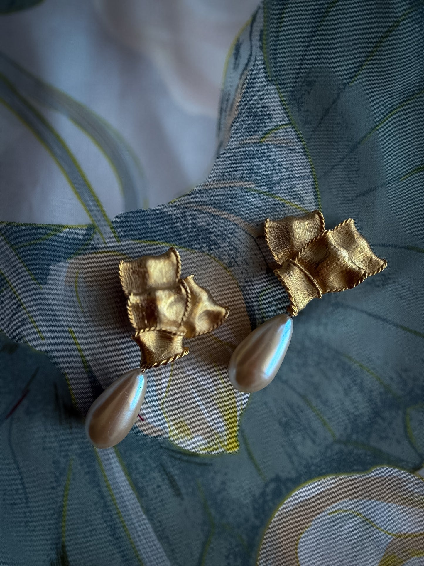 Gold-Tone Floral Pearl Drop Clip-On Earrings