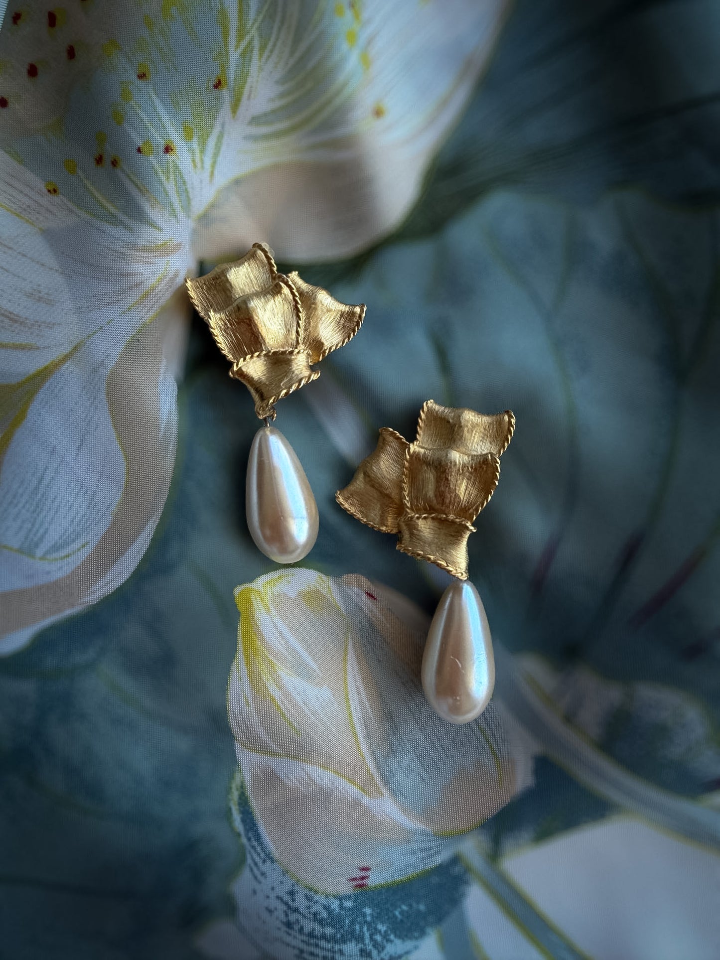 Gold-Tone Floral Pearl Drop Clip-On Earrings