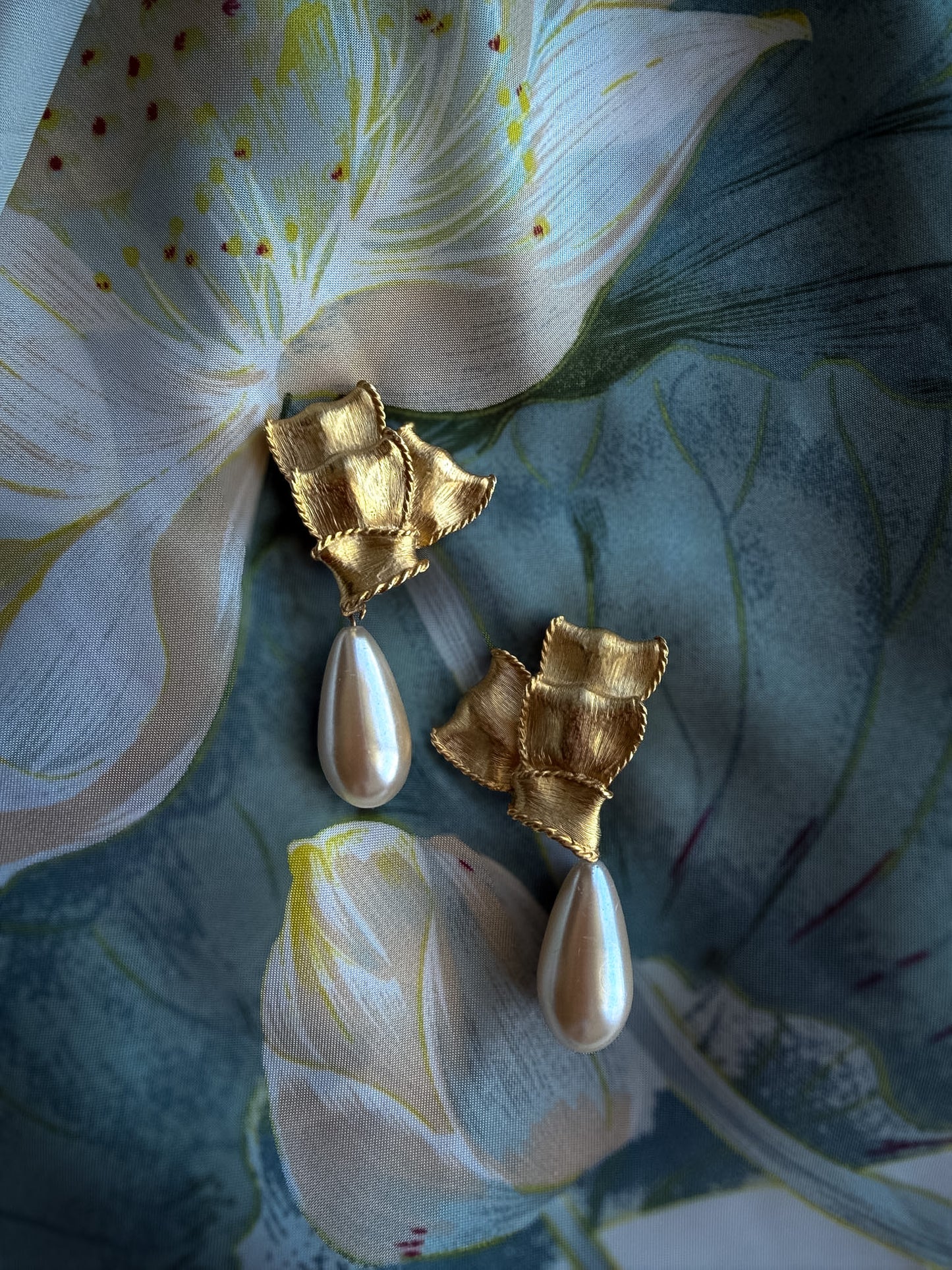 Gold-Tone Floral Pearl Drop Clip-On Earrings
