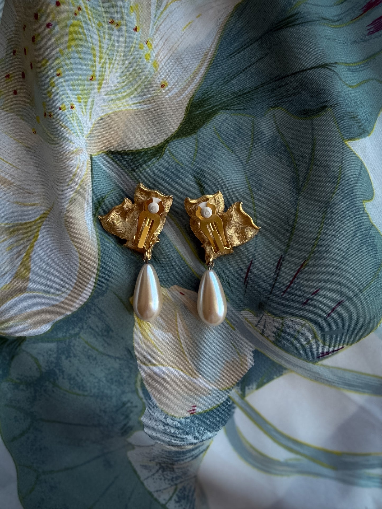 Gold-Tone Floral Pearl Drop Clip-On Earrings