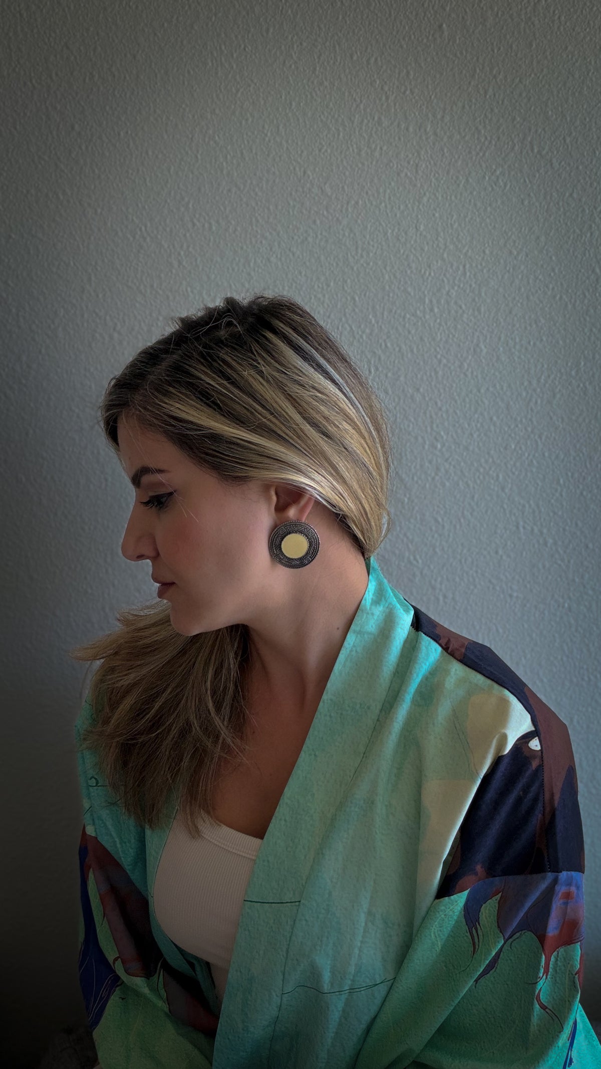 Two-Tone Medallion Clip-On Earrings | Silver Tone & Cream Enamel Disc Statement