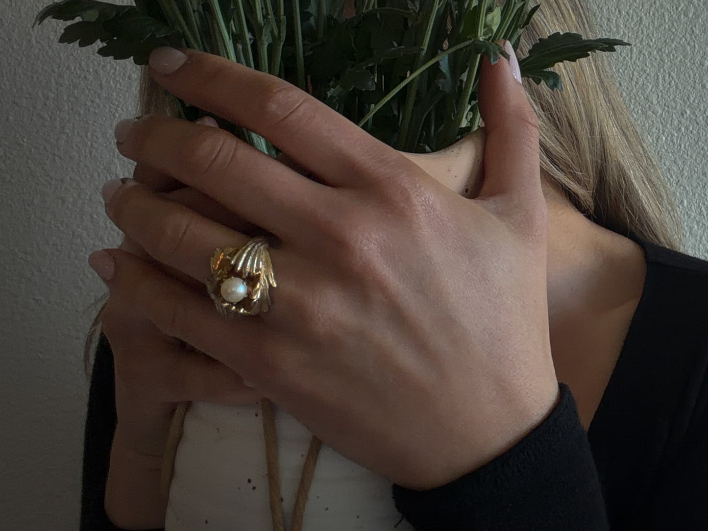 Gold Tone Leaf Ring with Pearl Center – Sculptural Botanical Statement Ring, Adjustable Size 7