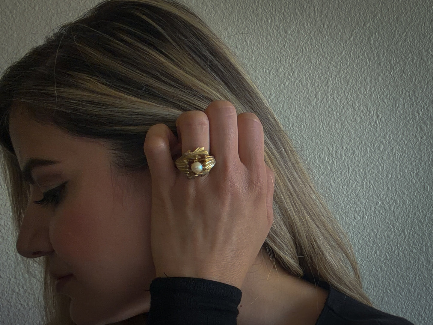 Gold Tone Leaf Ring with Pearl Center – Sculptural Botanical Statement Ring, Adjustable Size 7
