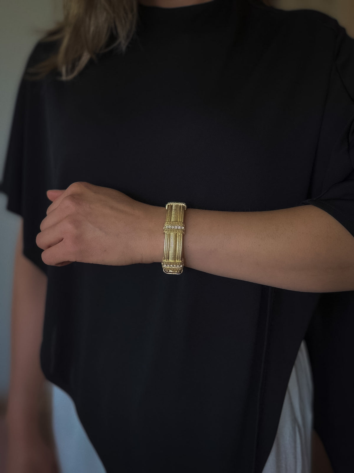 Gold-Tone Rhinestone Hinged Bangle Bracelet