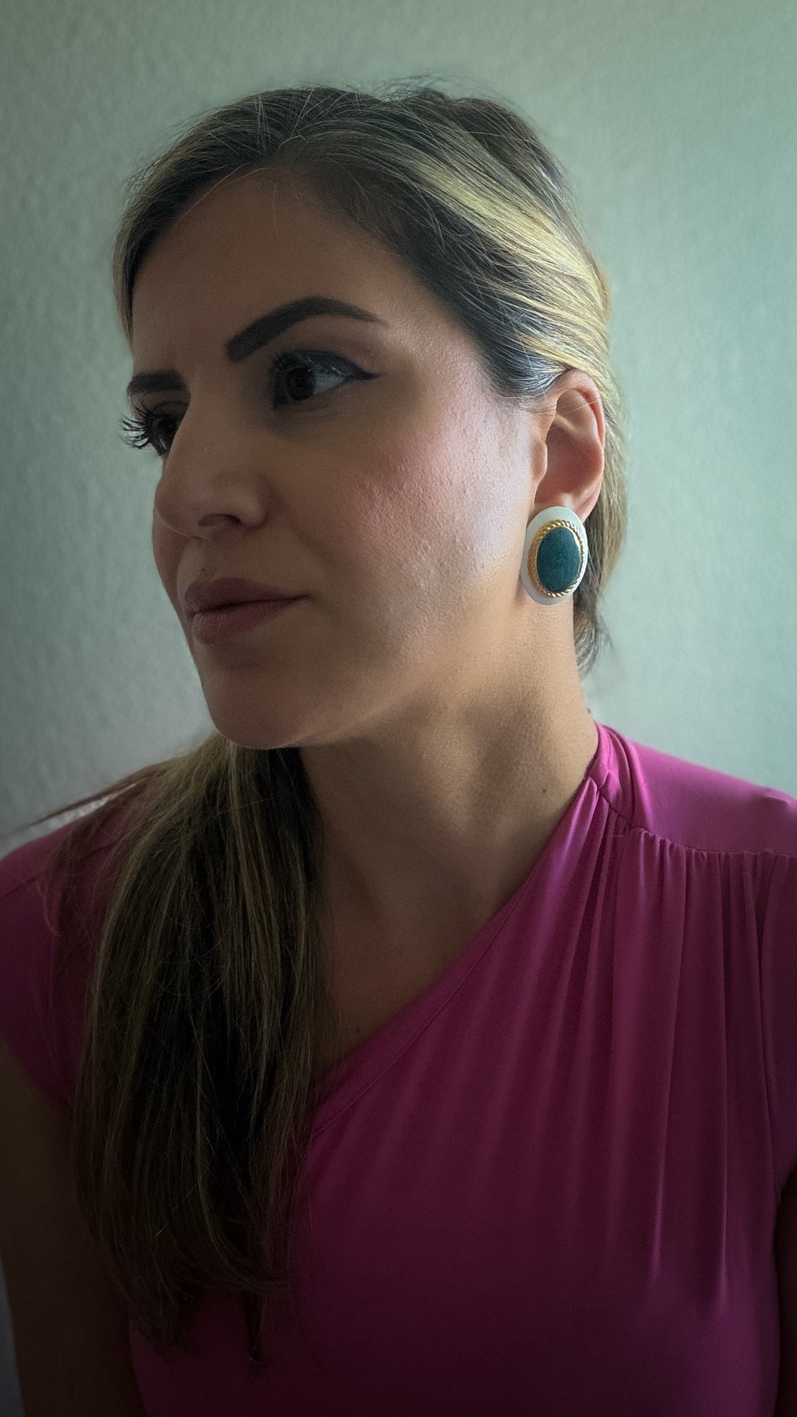 White & Teal Cabochon Clip-On Earrings