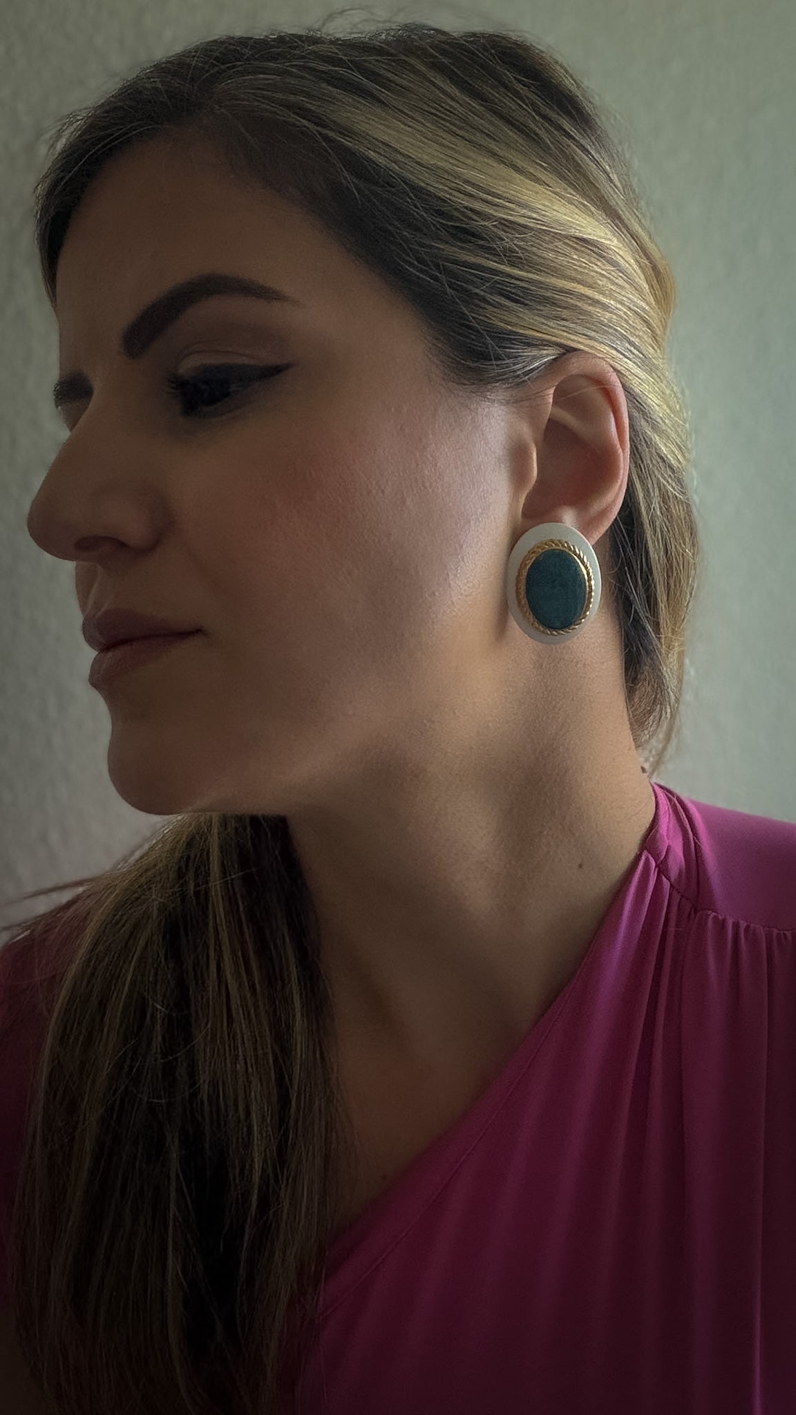 White & Teal Cabochon Clip-On Earrings