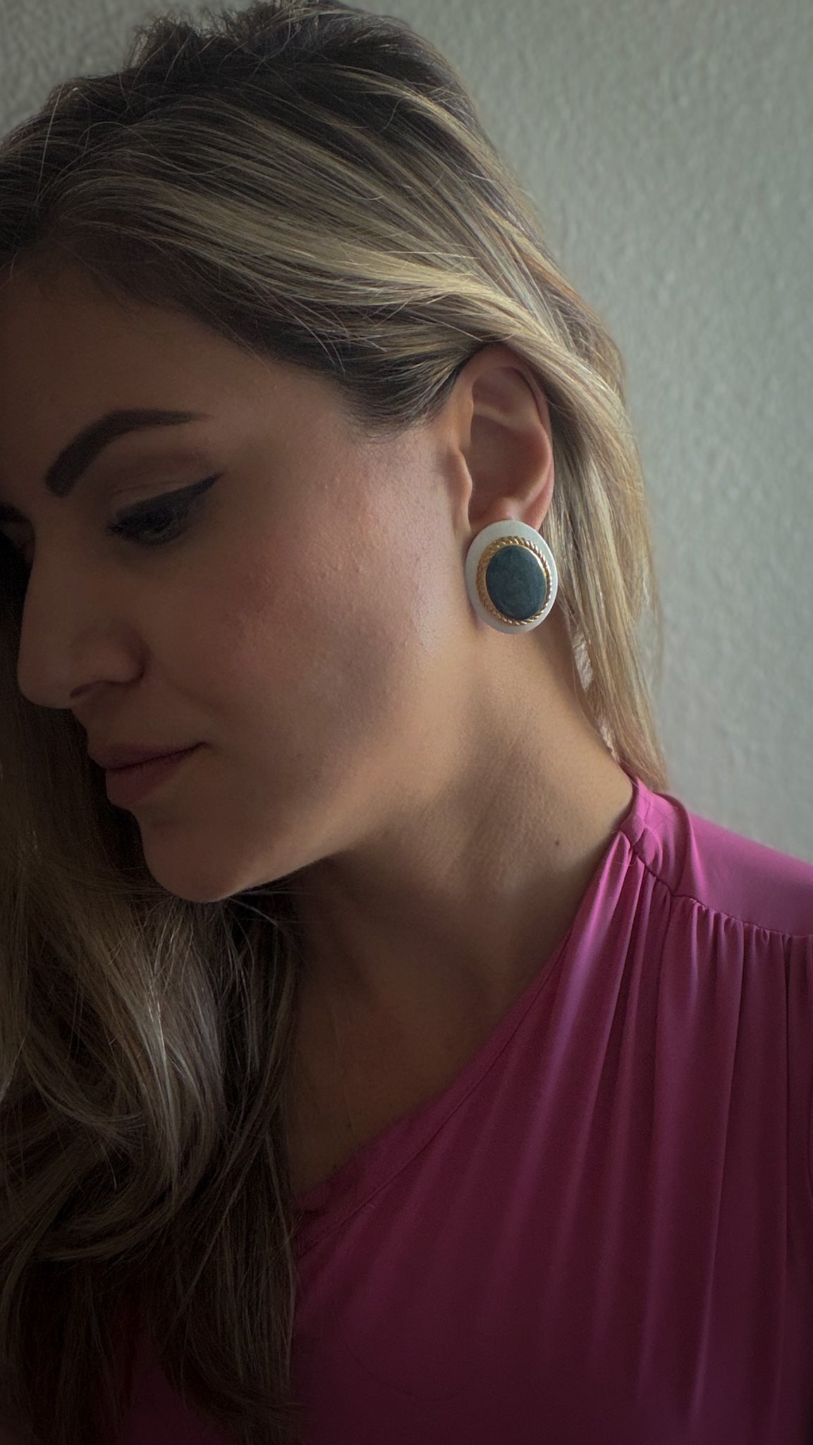 White & Teal Cabochon Clip-On Earrings