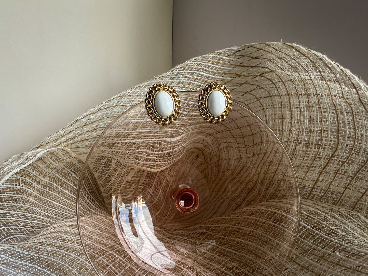 Gold Tone White Oval Earrings