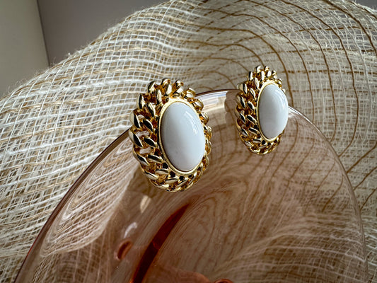 Gold Tone White Oval Earrings