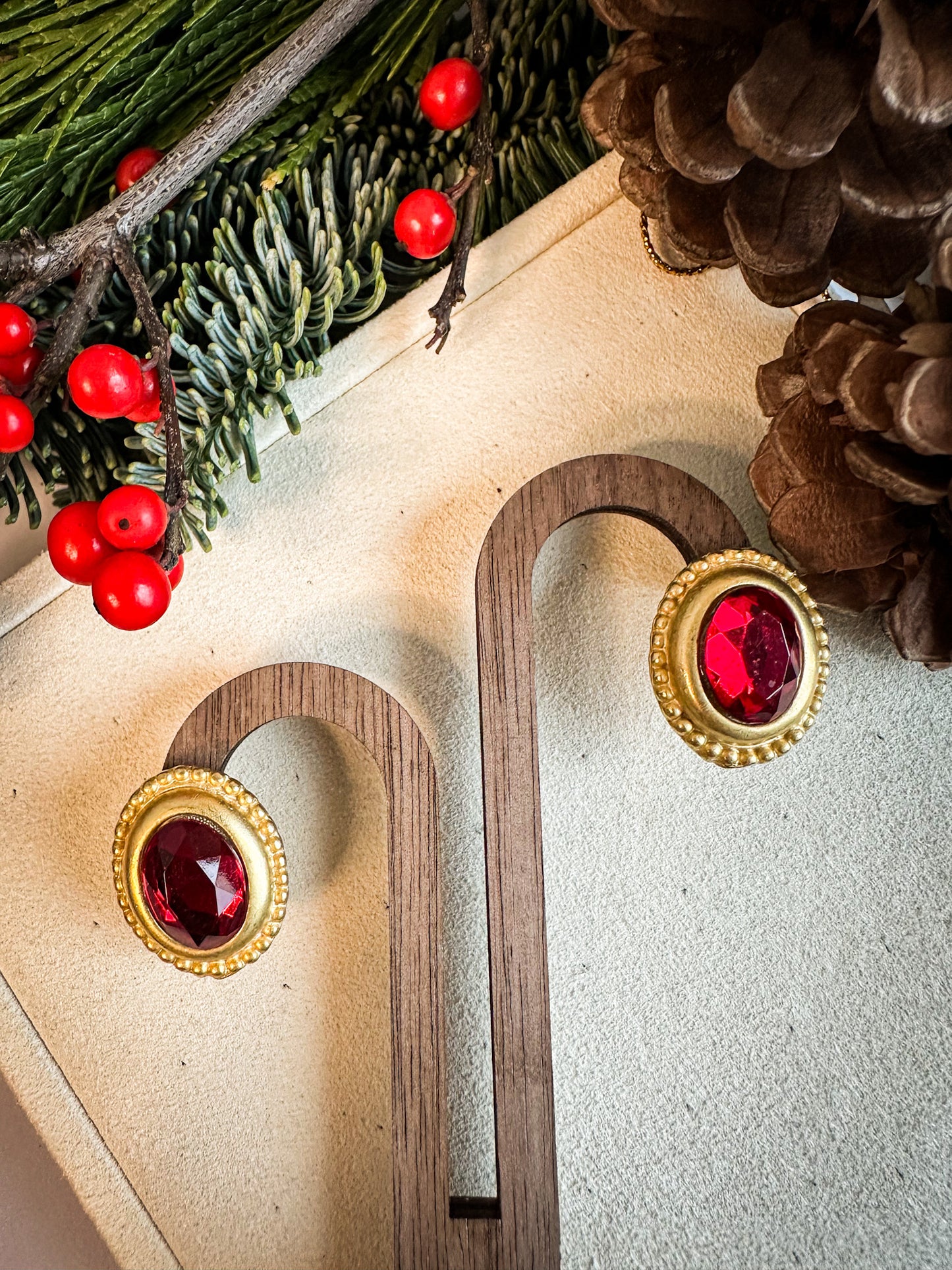 Gold Tone Red Oval Earrings