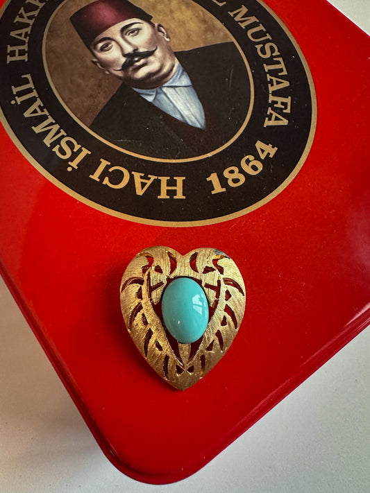 Turquoise & Gold Heart Brooch