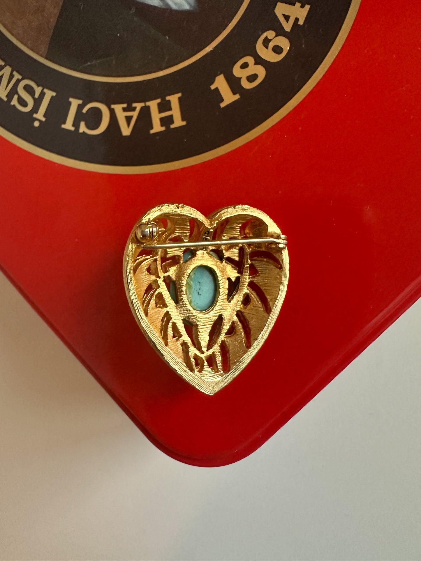 Turquoise & Gold Heart Brooch