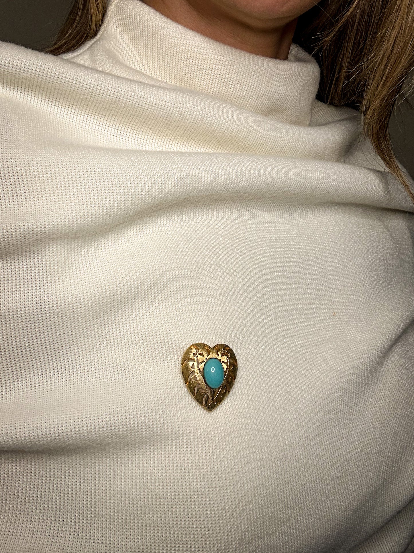 Turquoise & Gold Heart Brooch