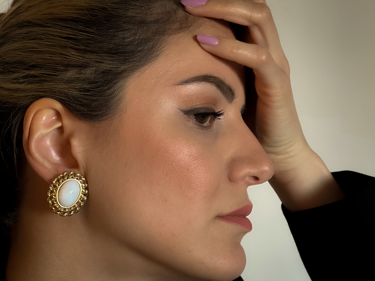 Gold Tone White Oval Earrings