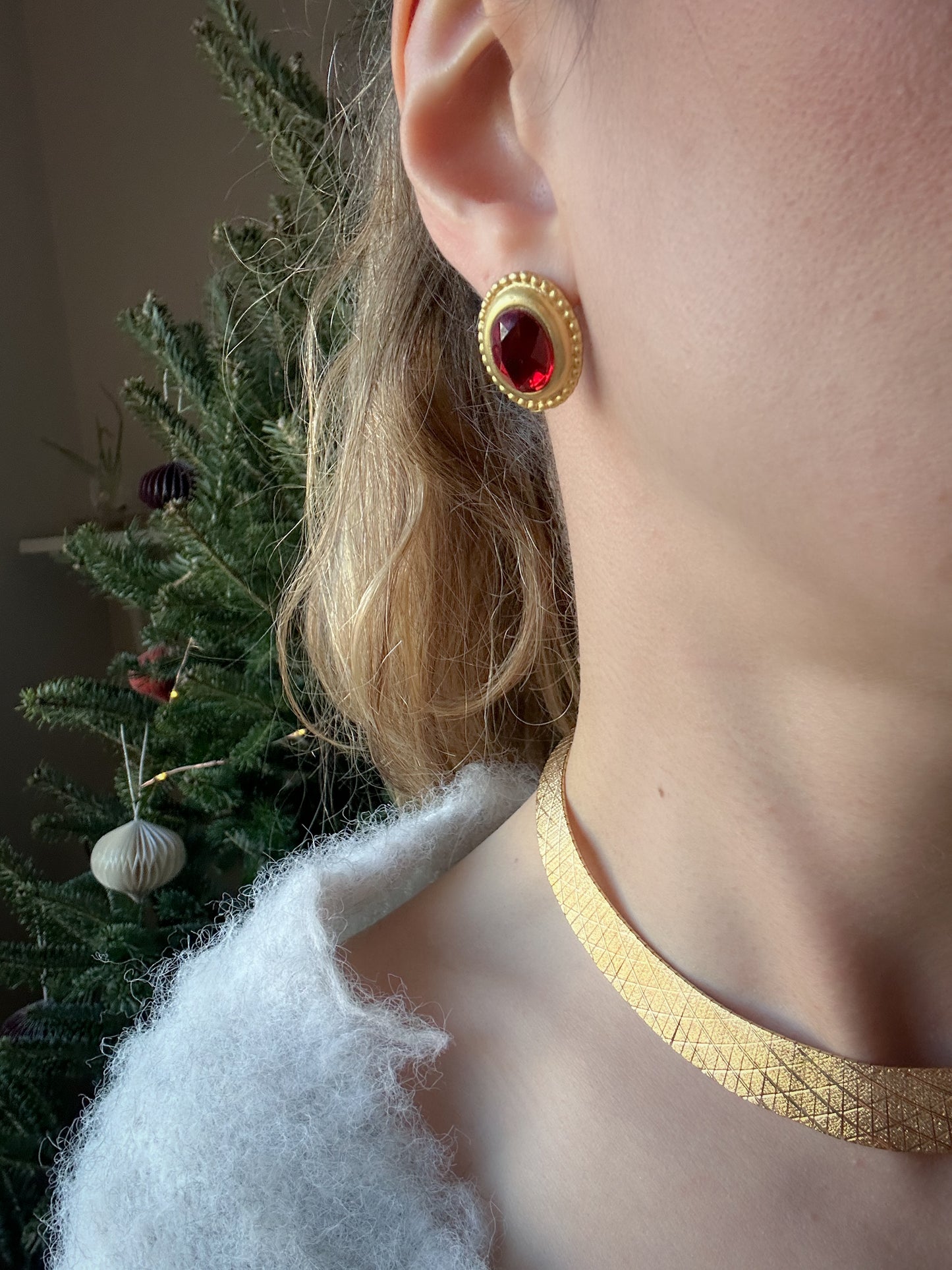 Gold Tone Red Oval Earrings