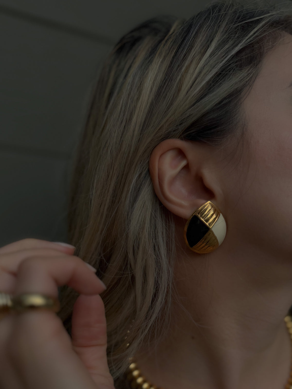 Gold Tone Geometric Earrings – Black & Cream Enamel Statement Studs