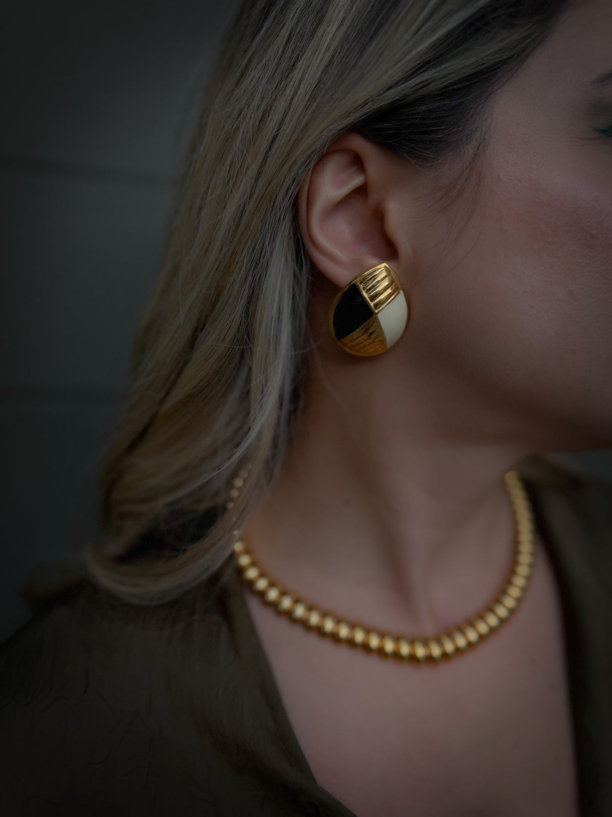 Gold Tone Geometric Earrings – Black & Cream Enamel Statement Studs