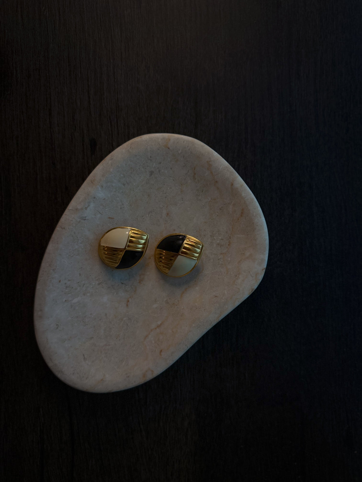 Gold Tone Geometric Earrings – Black & Cream Enamel Statement Studs
