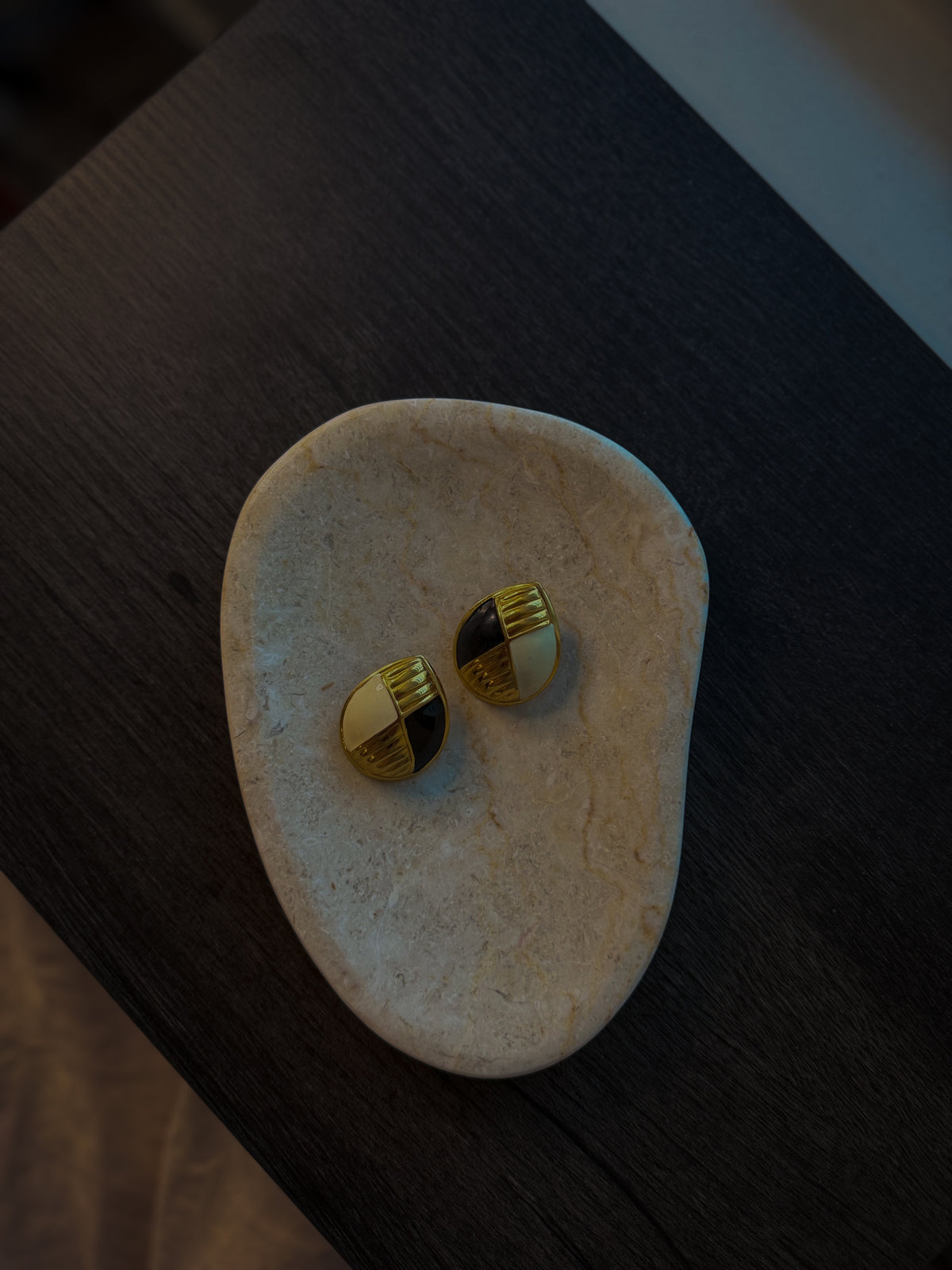 Gold Tone Geometric Earrings – Black & Cream Enamel Statement Studs