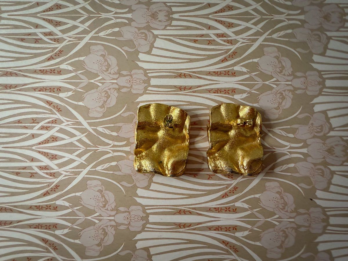 Gold Tone Crumpled Metal Statement Pierced Earrings – Textured Abstract Rectangular Earrings