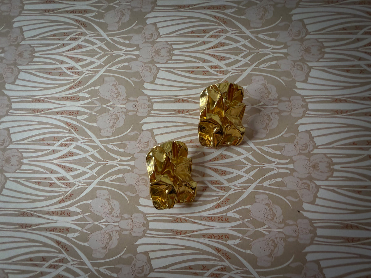 Gold Tone Crumpled Metal Statement Pierced Earrings – Textured Abstract Rectangular Earrings
