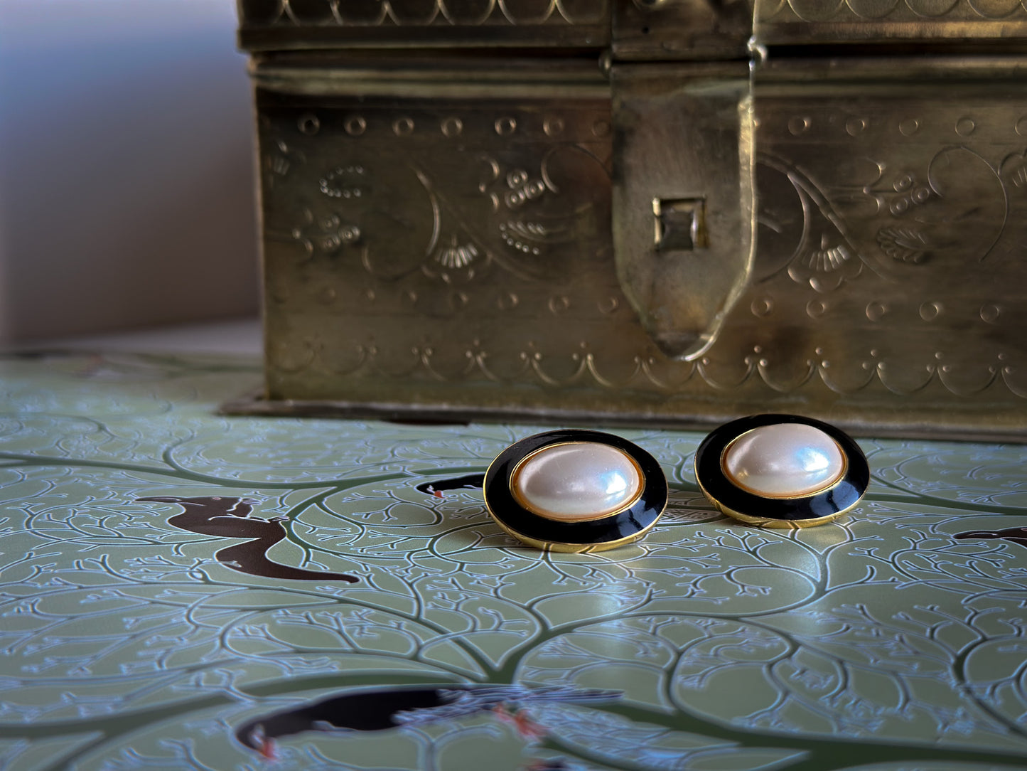 1970s Enamel/Goldtone Faux Pearl Earrings