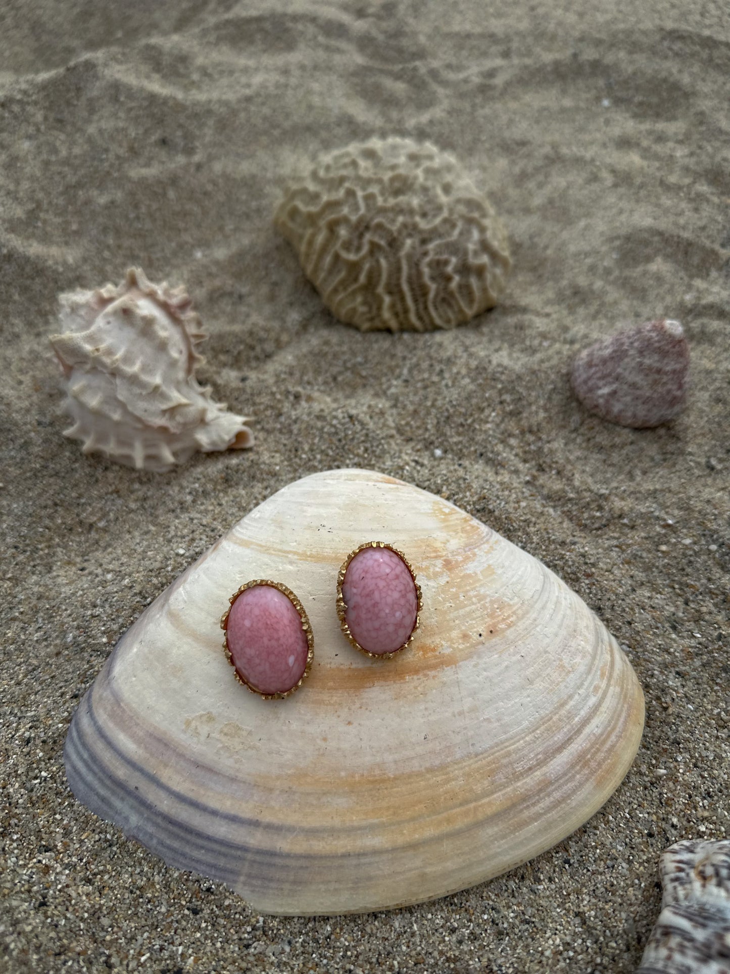 Pink Cabochon Clip-On Earrings in Textured Gold-Tone Setting