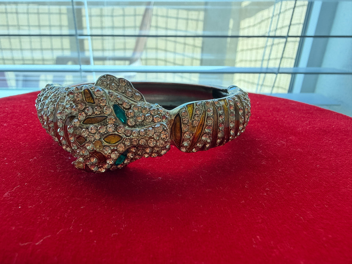 Rhinestone Panther Head Cuff Bracelet – Gold Tone Emerald Green Eyes – Statement Animal Bangle
