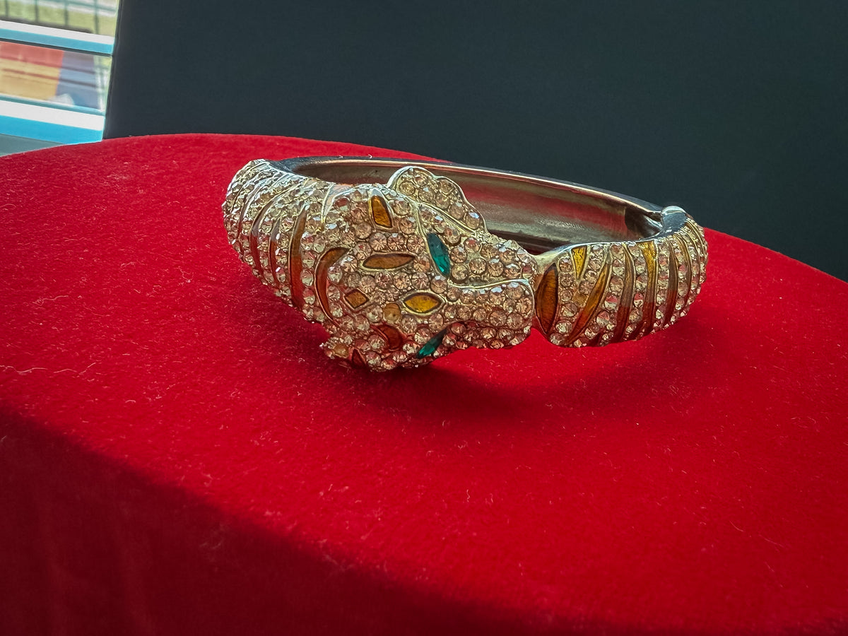 Rhinestone Panther Head Cuff Bracelet – Gold Tone Emerald Green Eyes – Statement Animal Bangle
