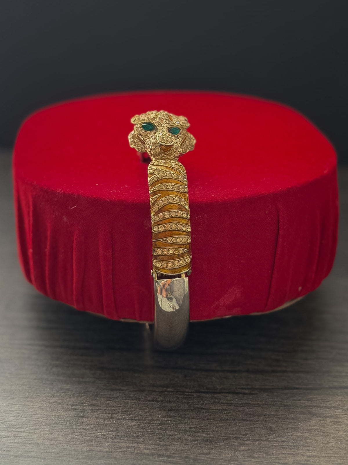 Rhinestone Panther Head Cuff Bracelet – Gold Tone Emerald Green Eyes – Statement Animal Bangle