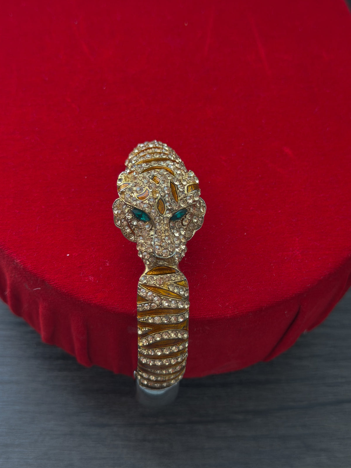 Rhinestone Panther Head Cuff Bracelet – Gold Tone Emerald Green Eyes – Statement Animal Bangle
