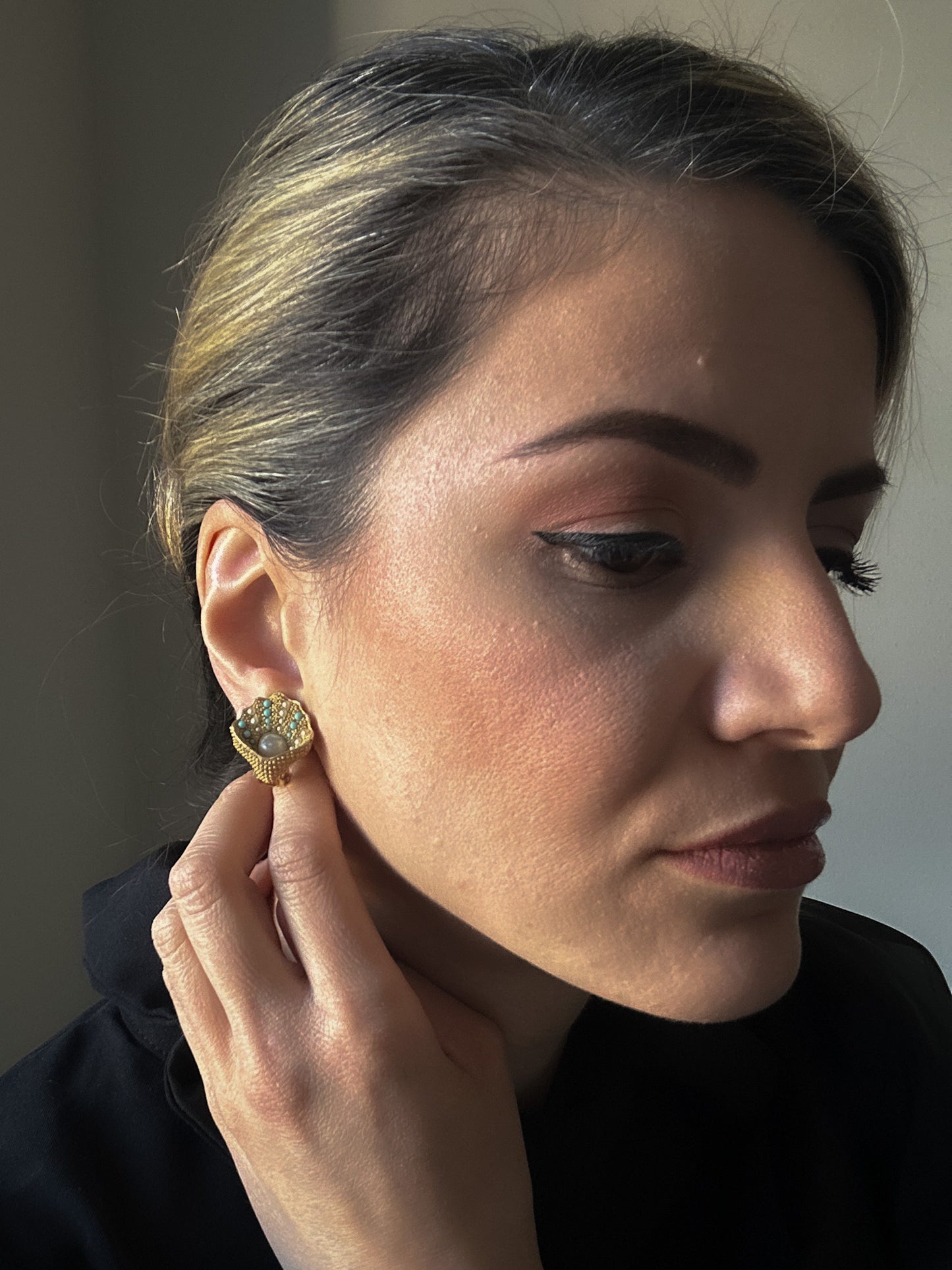 Scallop Shell Clip-on Earrings with Pearl and Blue Stones (Beautifully Flawed)