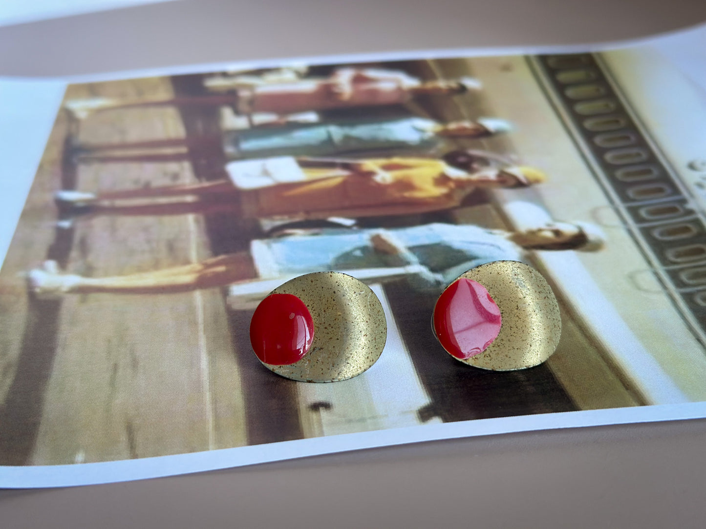 Red Dot Round Brass Vintage Earring