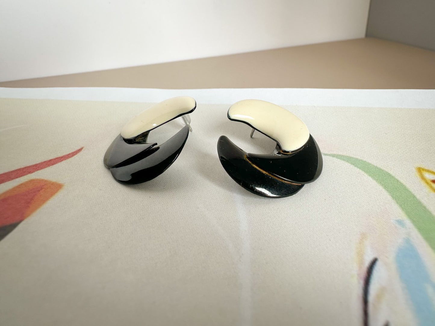 1970s Half-moon Black & White Earrings