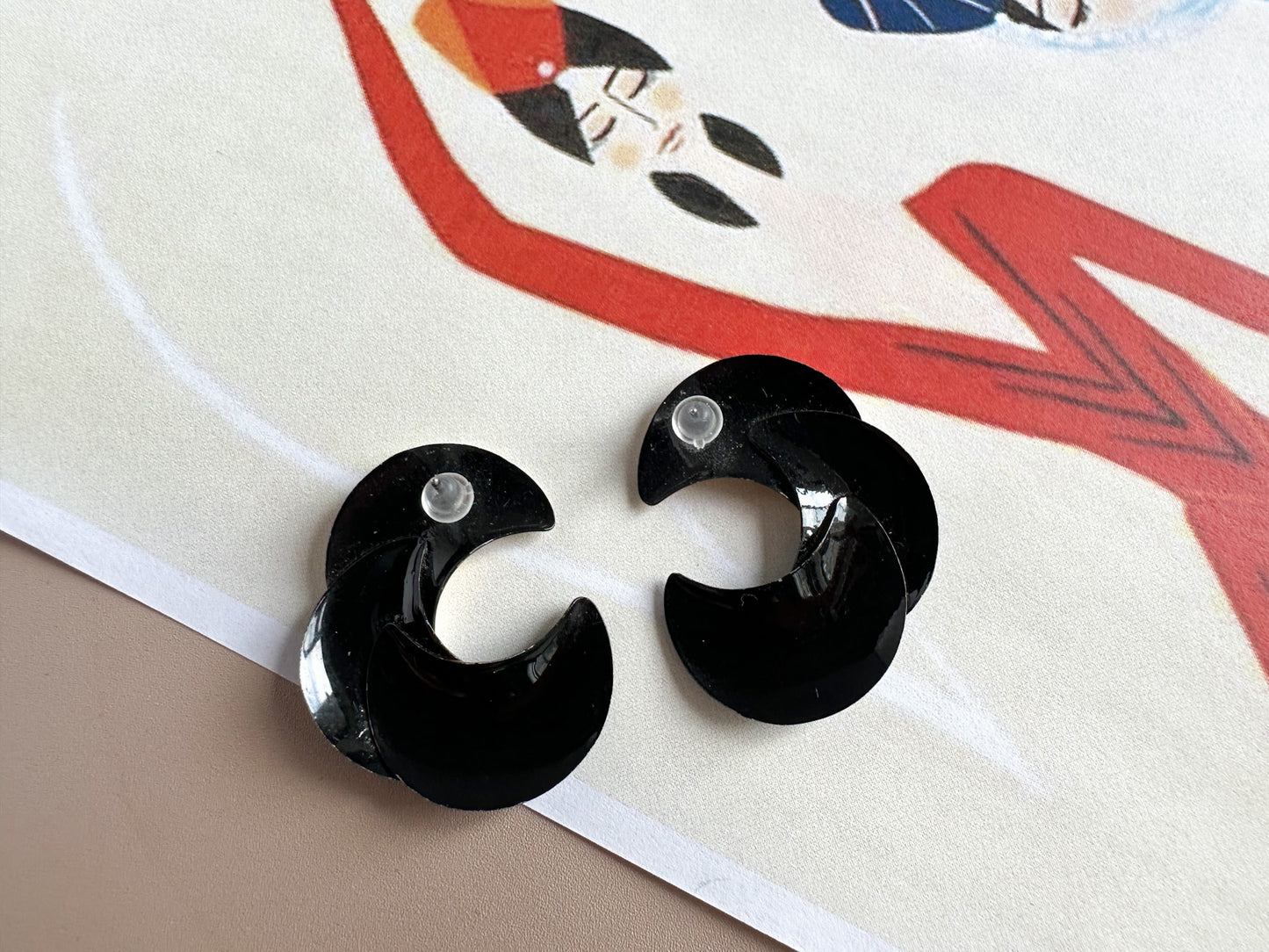 1970s Half-moon Black & White Earrings