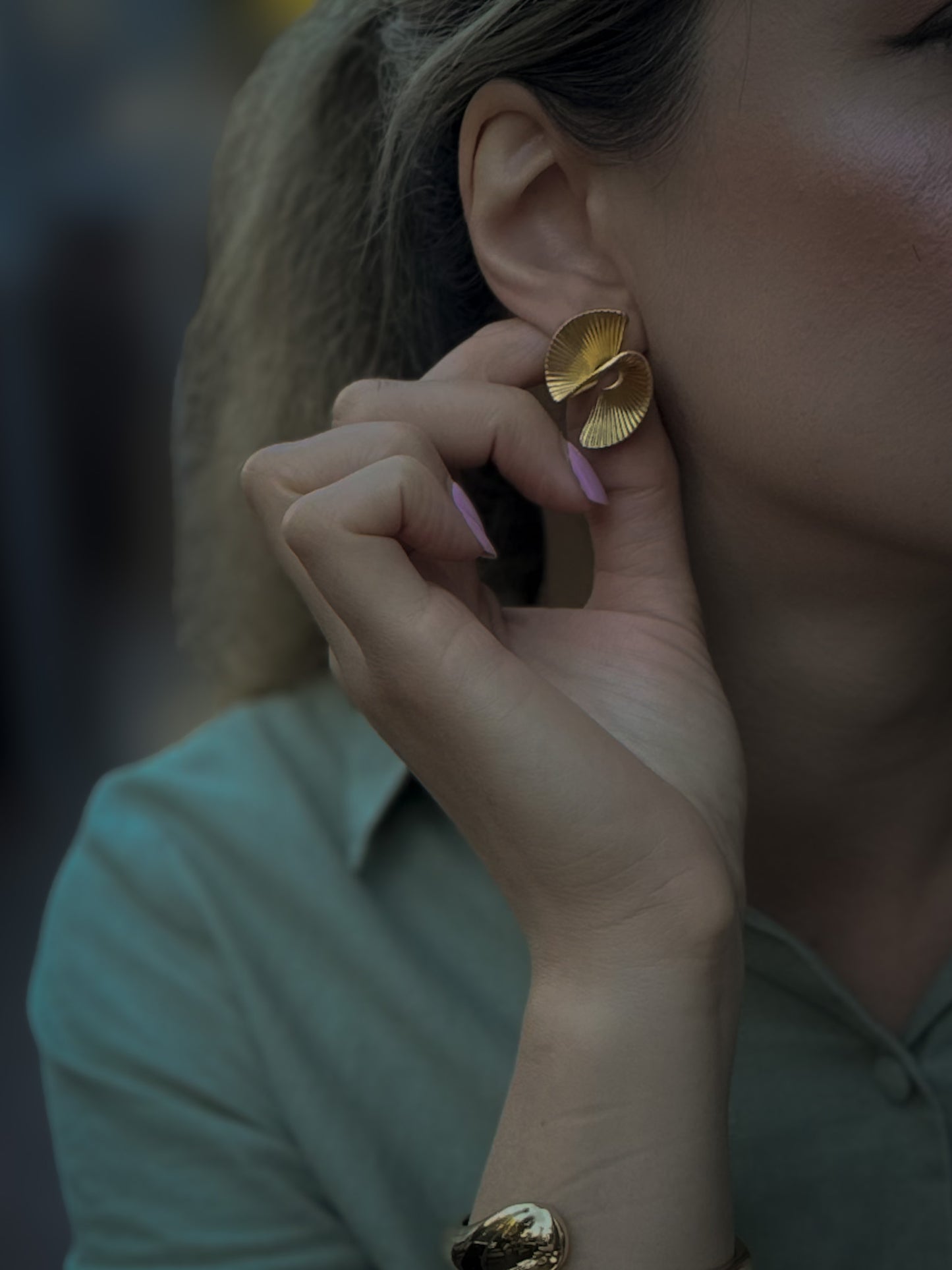 Sculptural Gold Fan Pierced Earrings